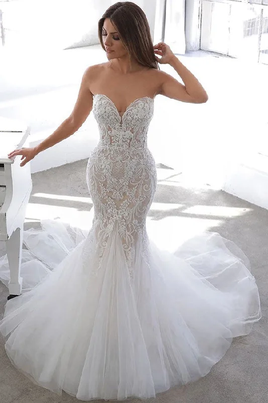 Time-Limited Offer Simple Summer style White Sweetheart Mermaid Lace Wedding Dress Online