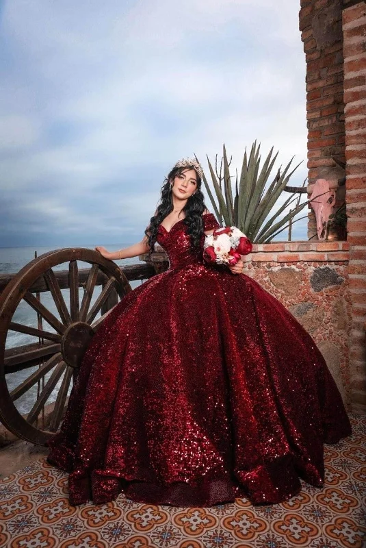 Unbeatable Prices long sleeve dressSparkly Burgundy Off The Shoulder Ball Gown Sweet 16 Dress Y4264