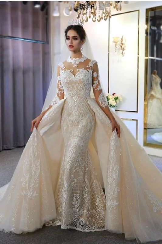 Deal Dash Trendy High neck Mermaid Lace Ivory Wedding Dress with Overskirt
