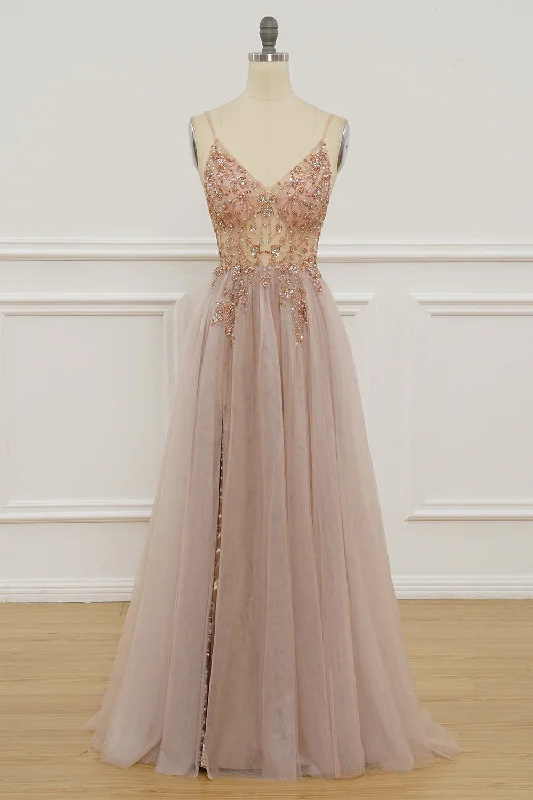 Price Rollback trendy mini dressBlush Pink Deep V Neck Beading-Embroidered Long Prom Dress with Slit