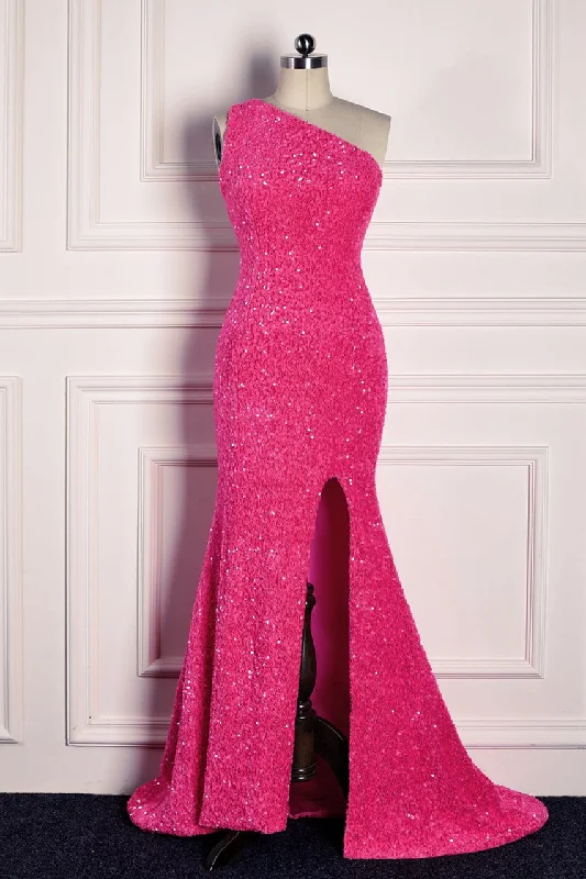Fantastic Offers trendy wrap dressFuchsia Mermaid One Shoulder Sparkly Long Formal Dress