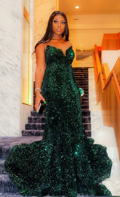 Super Deal casual evening dressMermaid Dark Green Sequins Long Prom Dresses Y4324
