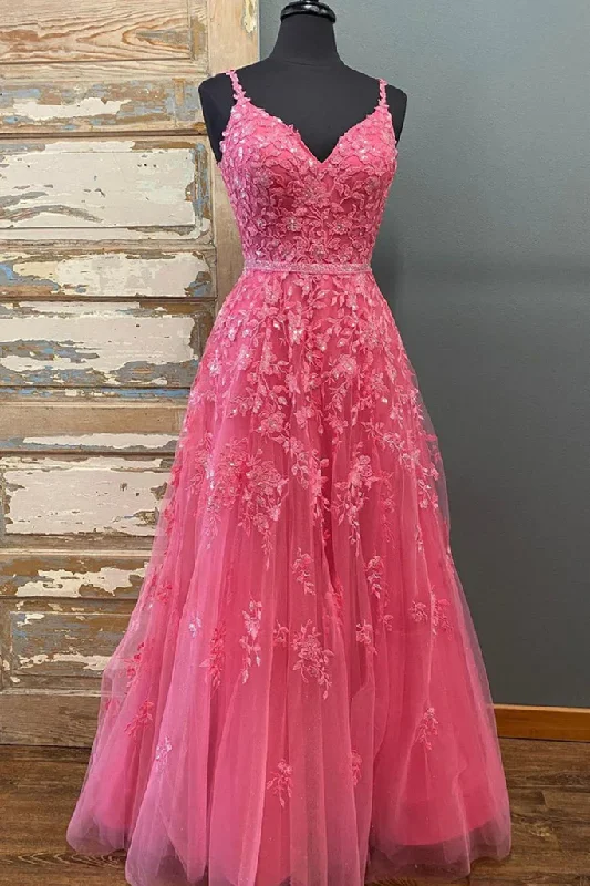Clearance Event summer floral dressA Line V Neck Beaded Hot Pink Lace Long Prom Dress, Hot Pink Lace Formal Graduation Evening Dress  Y216