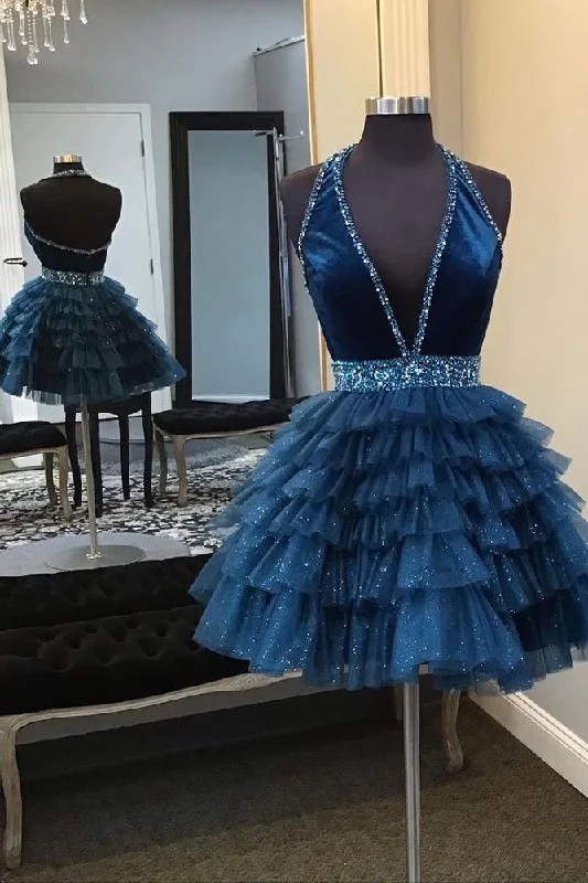 Can't Miss trendy bodycon dressHalter Turquoise Beaded A-line Short Ruffle Homecoming Dress