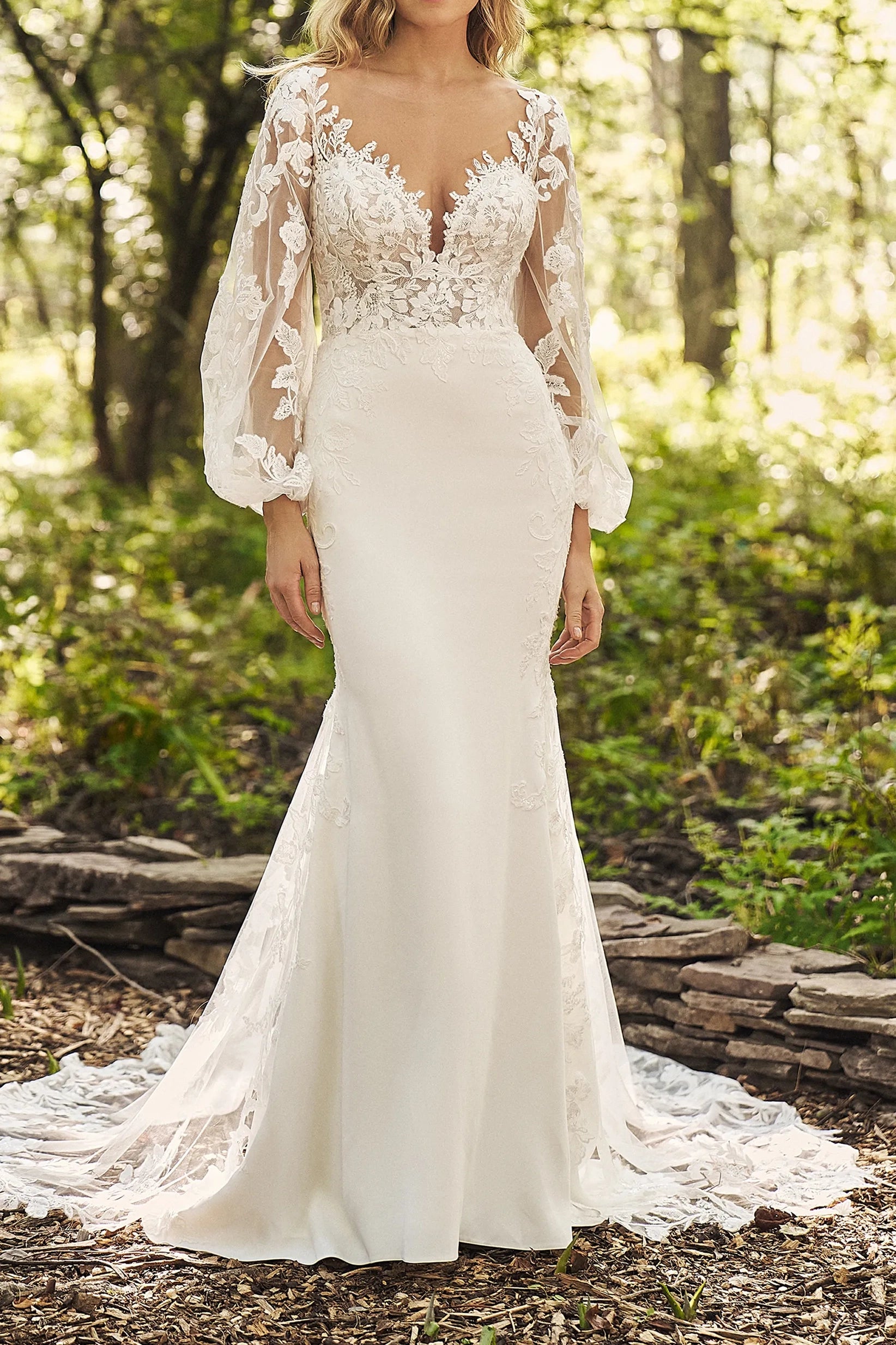 The Best Prices vintage-inspired dressDetachable Long Sleeves V-Neck Open Back Mermaid Wedding Dress