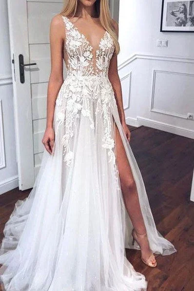 Daily Deals romantic dressA-Line V-Neck Sleeveless Lace Appliques Sheer Wedding Dress