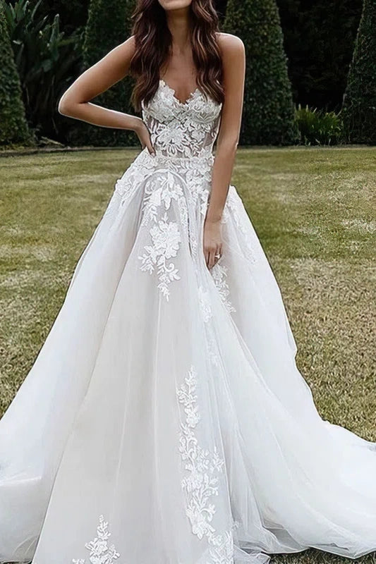 Online Specials elegant dressV-Neck Strapless Lace Appliques Empire Tulle A-Line Wedding Dress