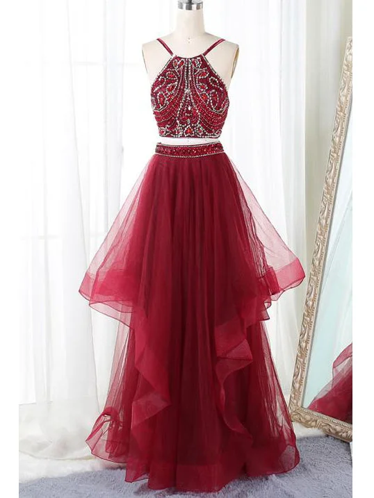 Markdowns Two Piece Prom Dresses Spaghetti Straps Floor-length Long Prom Dress Sexy Evening Dress JKL500