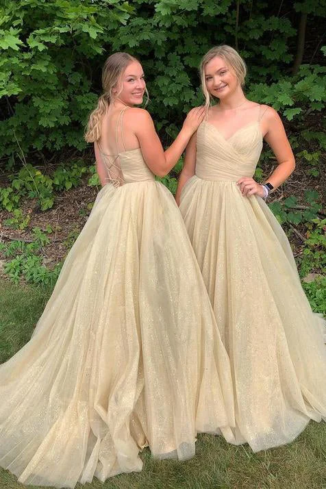 Markdowns Yellow A line Lace up V Neck Long Prom Dresses,Formal Dresses GJS267