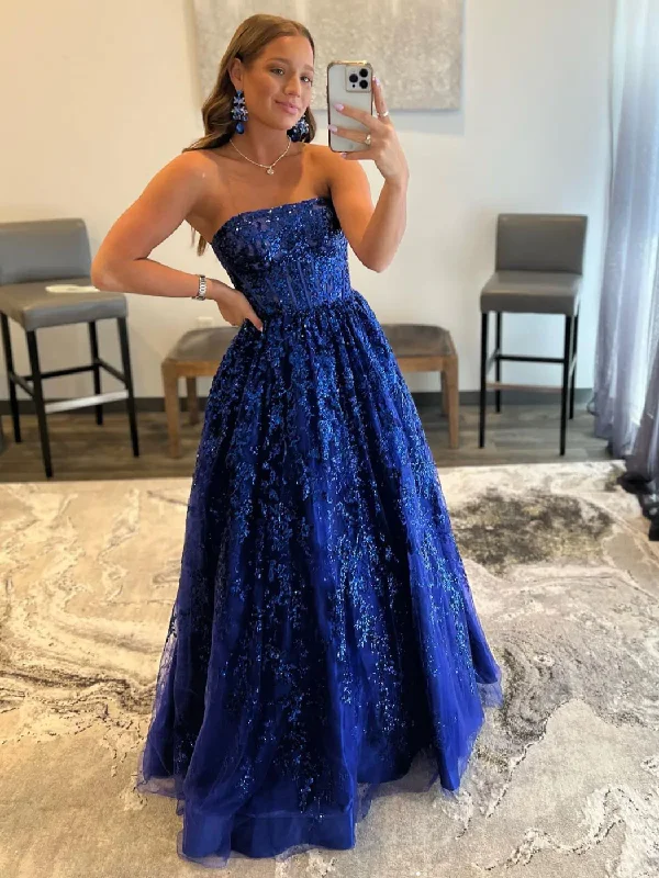 Super Sale casual shift dressBlue A line tulle sequin long prom dress, blue tulle evening dress Y249