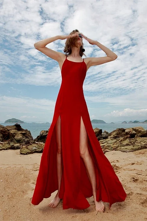 Exclusive Savings casual day dressBackless Red Chiffon Slit Maxi Dress