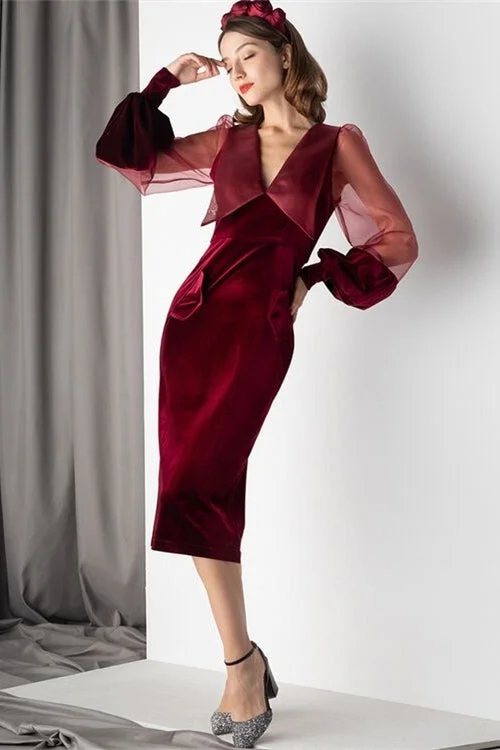 Special Savings vintage-inspired dressIllusion Long Sleeves Burgundy Velvet Midi Dress