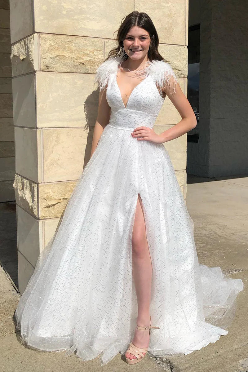 Sale Event layered dressGlitter Tulle A-Line V-Neck Sleeveless With Train Prom Dress