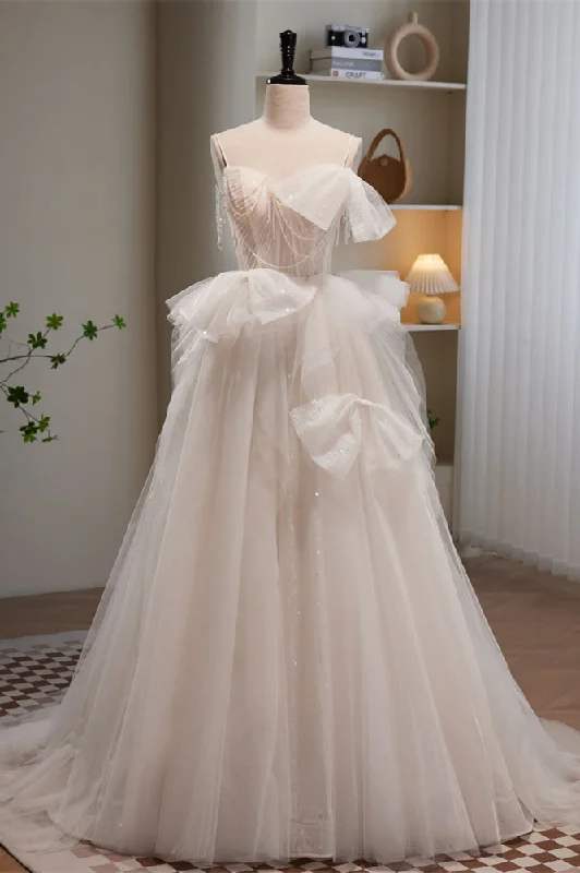 Friends and Family Sale casual midi dressIvory Straps Beading Bows Ruffle Pleated Long Prom Dress
