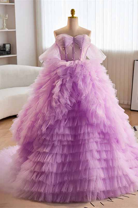 Epic Deals party dressLavender Off-Shoulder A-line Multi-Layers  Long Prom Dress