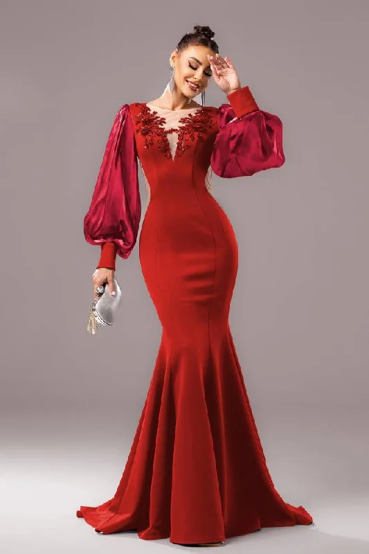 Value Deals fitted cocktail dressSatin Long Sleeves Mermaid Party Evening Dress