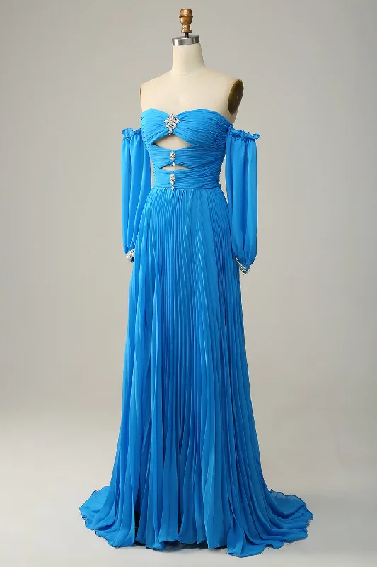 Mega Sale trendy dressBlue Off-the-Shoulder Long Sleeves Cut-Out A-line Long Prom Dress