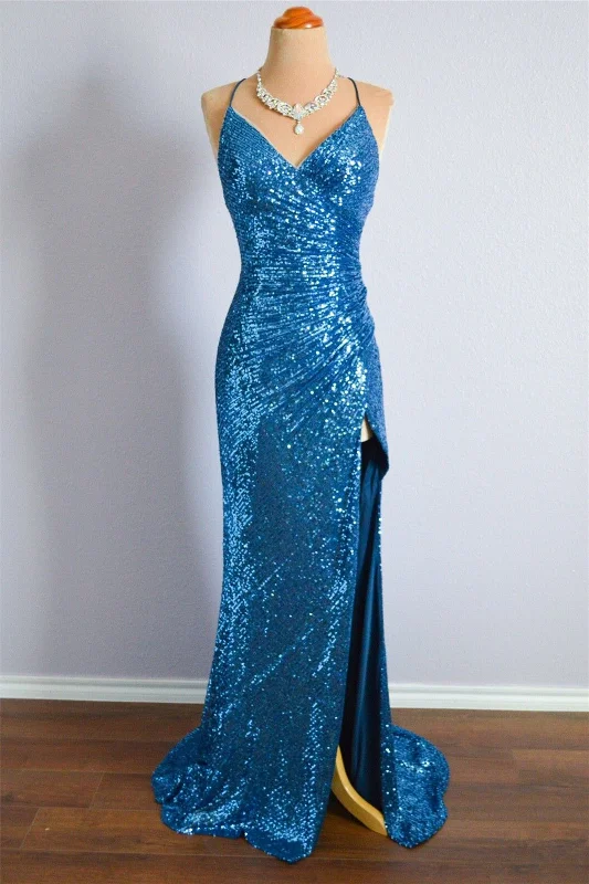 Online Only office dressBlue Jay Mermaid Sequins Spaghetti Strap Cross Back Long Formal Dress