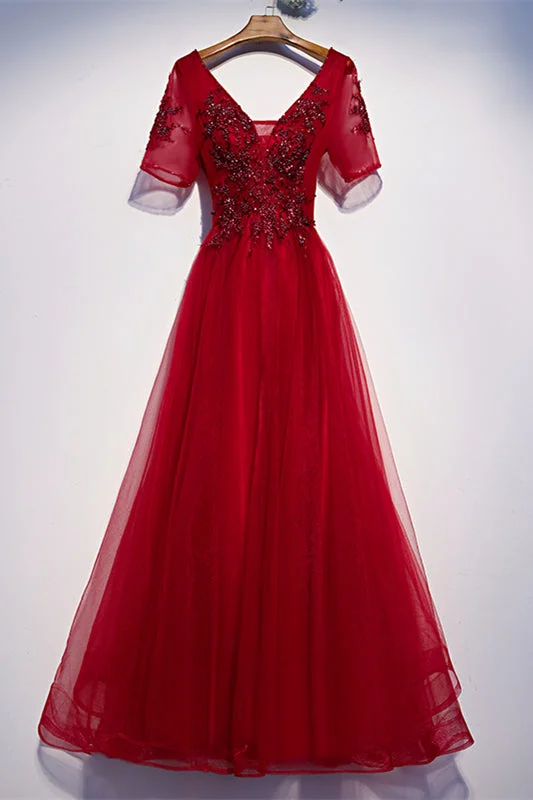 Mega Deal ruffle dressRed A-line V Neck Sleeves Beaded Appliques Tulle Maxi Formal Dress