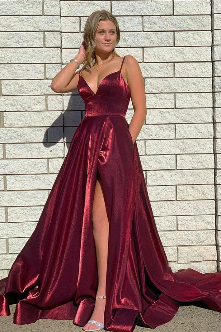 Closeout Sale relaxed fit dressCasual Satin A-Line V-Neck Sleeveless With Side Slit Prom Dress