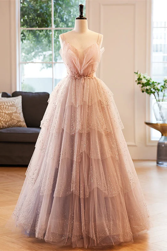 Huge Discounts draped dressPink Deep V Neck Straps Beaded Appliques Multi-Layers Maxi Formal Dress