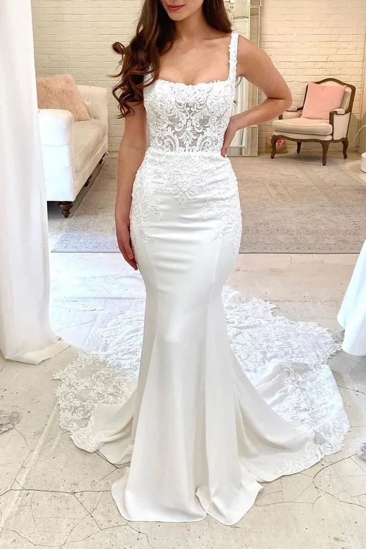 Savings Galore v-neck dressSquare Spaghetti Straps Appliques Wedding Dress With Train