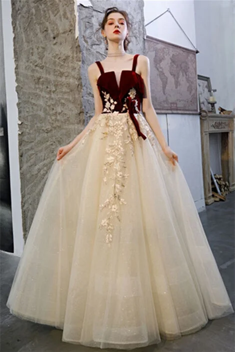Price Meltdown puff sleeve dressBurgundy Velvet and Champagne Tulle Formal Dress