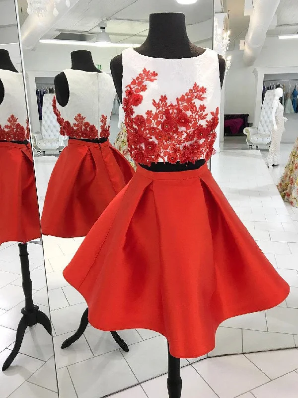 Price Fest Two Piece Red Homecoming Dresses Lace A-line Bateau Short Prom Dress Party Dress JK805
