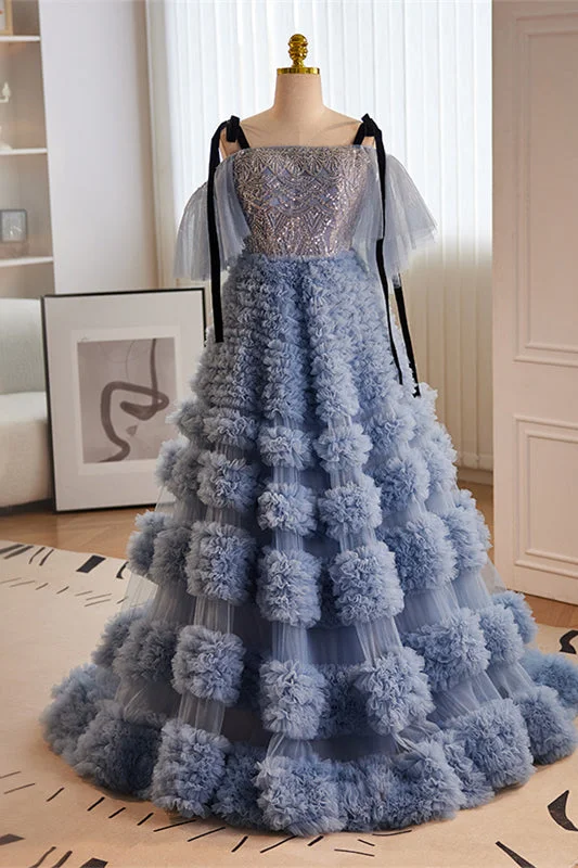 Buy Now wrap dressDusty Blue Off-Shoulder Straps Sequined A-line Ruffle Layers Long Prom Dress
