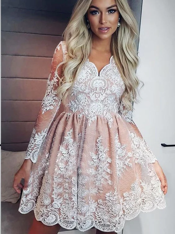 Online Specials Long Sleeve Homecoming Dresses Lace A-line Short Prom Dress Party Dress JK607