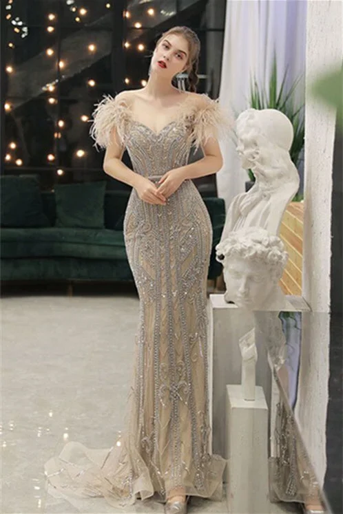 Act Now luxury dressBeaded Champagne Off the Shoulder Long Evening Dress