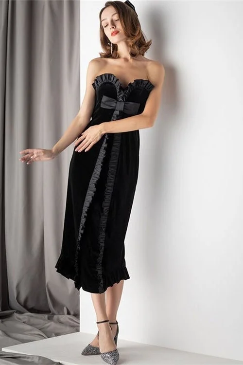Lowest Prices chic wrap dressSweetheart Black Velvet Midi Dress