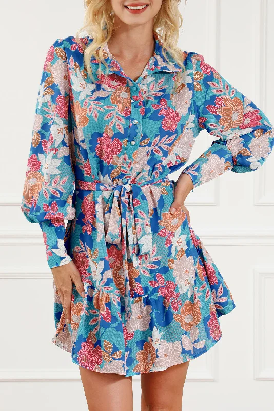 Can't Miss Blue Floral Print Lantern Sleeve Belted Shirt Dress