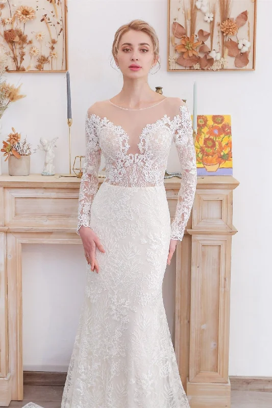 New Deals textured dressLong Sleeves White Lace Mermaid Wedding Dress