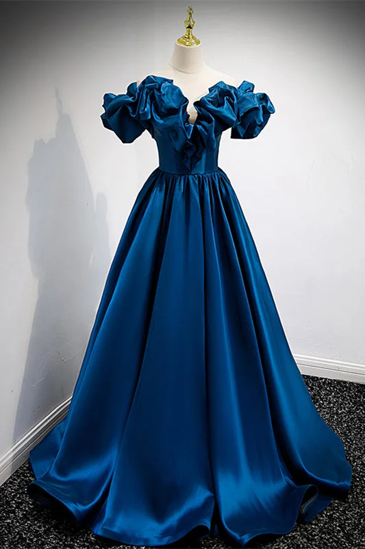 Limited Time Offer sleek dressDark Blue Ruffle Off-the-Shoulder V Neck Lace-Up Long Formal Dress