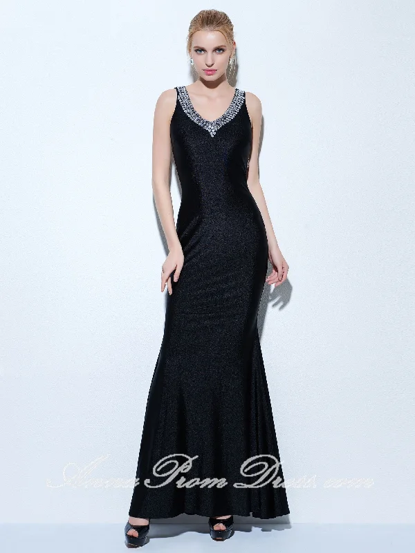 Deep Discounts Black Prom Dresses V neck Floor-length Rhinestone Sexy Mermaid Prom Dress 270748