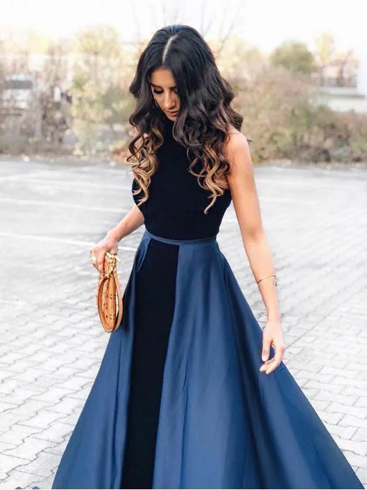 Special Promotion Fashion Prom Dresses Scoop Sweep Train A-line Simple Dark Navy Long Prom Dress JKL1600