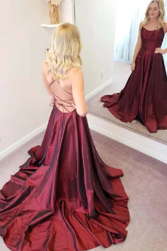 Fantastic Offers minimalistic dressSimple A Line Backless Thin Strap Burgundy Satin Long Prom Dress, Backless Burgundy Formal Evening Dress Y224
