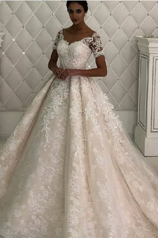 Great Deals AmazingA line Lace short sleeves V neck Ivory wedding dress