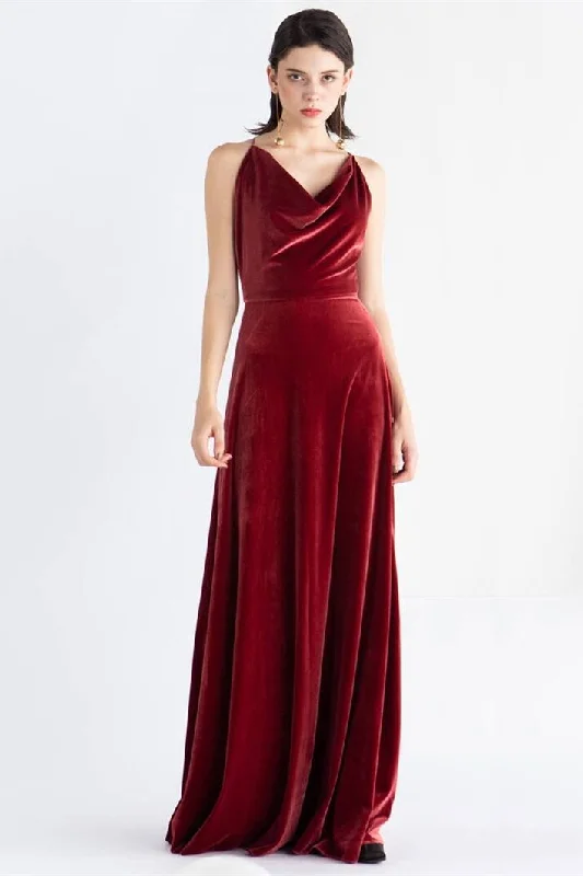 Price Drop high-waisted dressCowl Neck Burgundy Velvet Long Dress