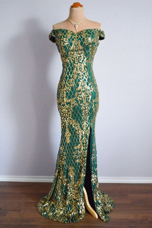 Great Bargains v-neck dressInk Blue Mermaid Off-Shoulder Sequins Long Formal Dress