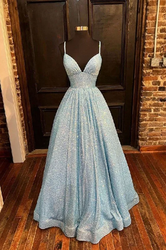 Fantastic Deals evening dressChic V Neck Sequin Long Prom Dress, A Line Formal Evening Dresses Y04