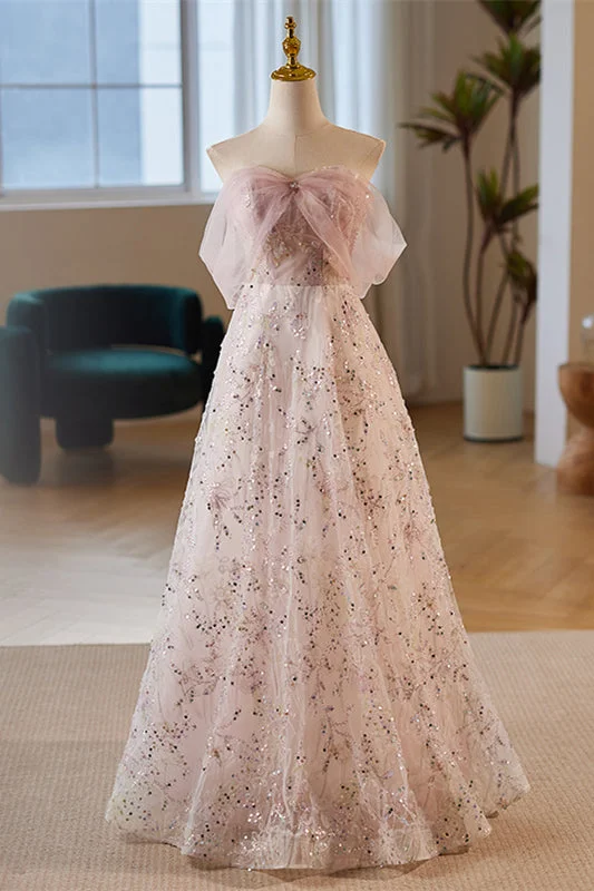 Price Break mini dressDusty Pink Off-Shoulder A-line Sequined-Embroidery Tulle Long Prom Dress