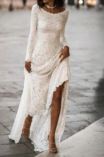Factory Direct Sale textured dressScoop Long Sleeves A-Line Lace Wedding Dress