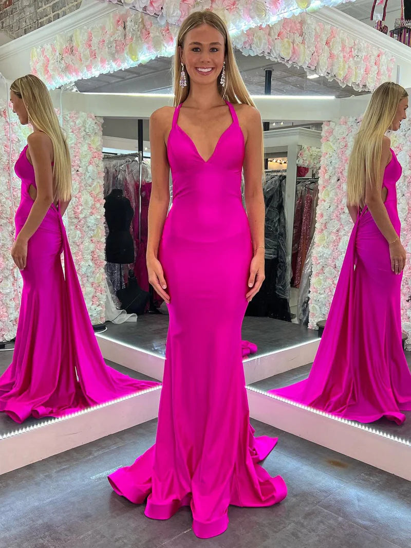 Today’s Deal casual shift dressSexy Satin Trumpet V-Neck Halter Open Back With Train Prom Dress
