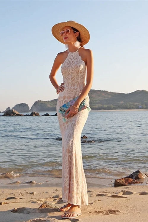 Deal Frenzy satin midi dressMermaid White Lace Boho Dress
