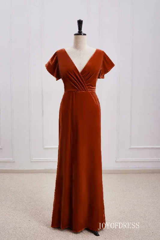 Lowest Price fitted dressBurnt Orange Velvet Bridesmaid Dress with Flutter Sleeves Lowest Price fitted dressBurnt Orange Velvet Bridesmaid Dress with Flutter Sleeves