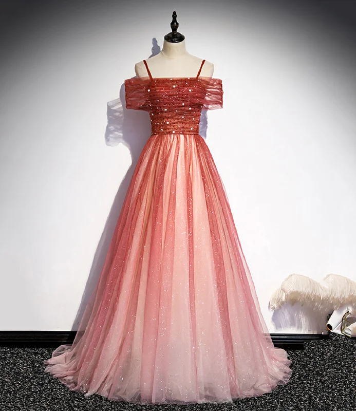 Price Break one-shoulder dressBurgundy tulle long A line prom dress evening dress s75