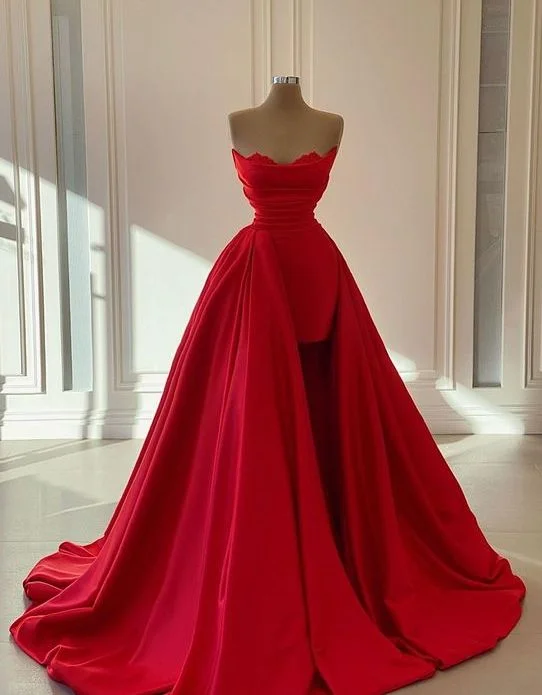 Special Price classic fit-and-flare dressVintage Red Satin Unique Long Prom Dress,Party Dress Y4455