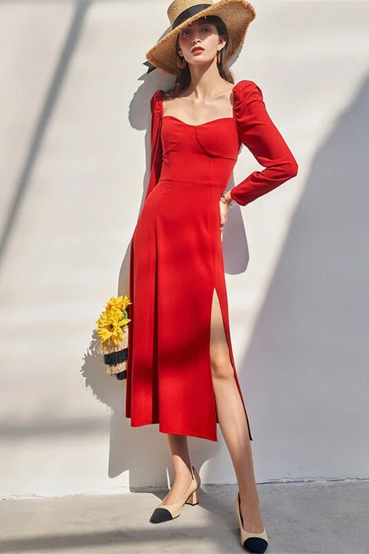 Mega Sale lace dressRed Long Sleeves Midi Dress